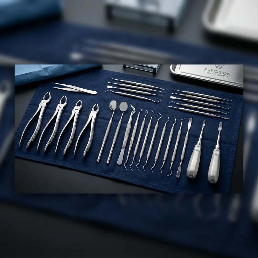 Illustrative visual of dental instruments arranged on a dark surface