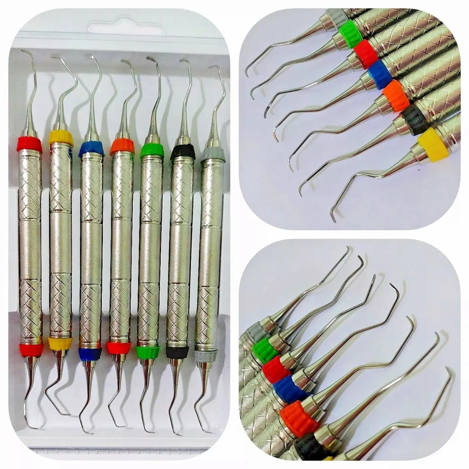 Seven double-ended Gracey curettes with colour-banded handles