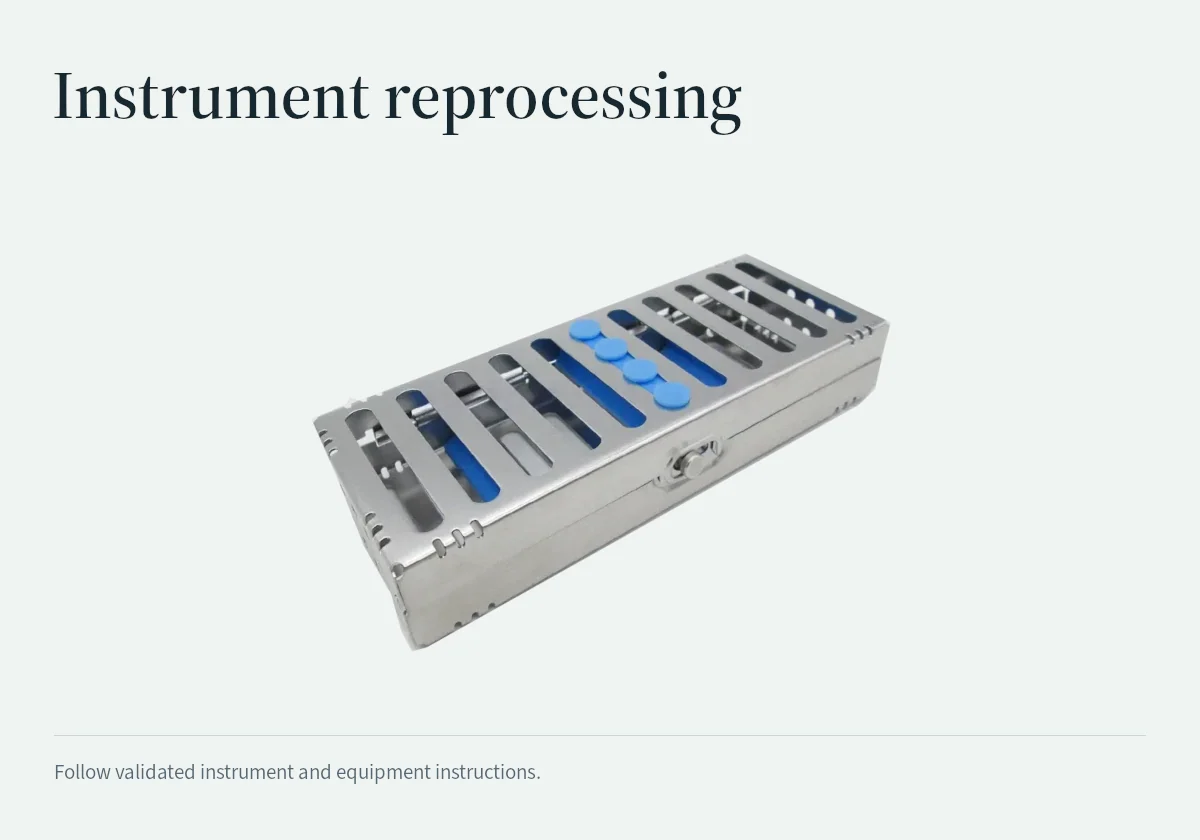 Instrument cassette with a reminder that cleaning precedes sterilization.