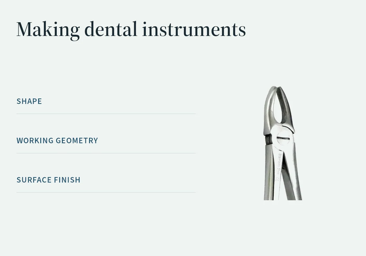 A forceps working-end detail introduces shape, working geometry and surface finish.