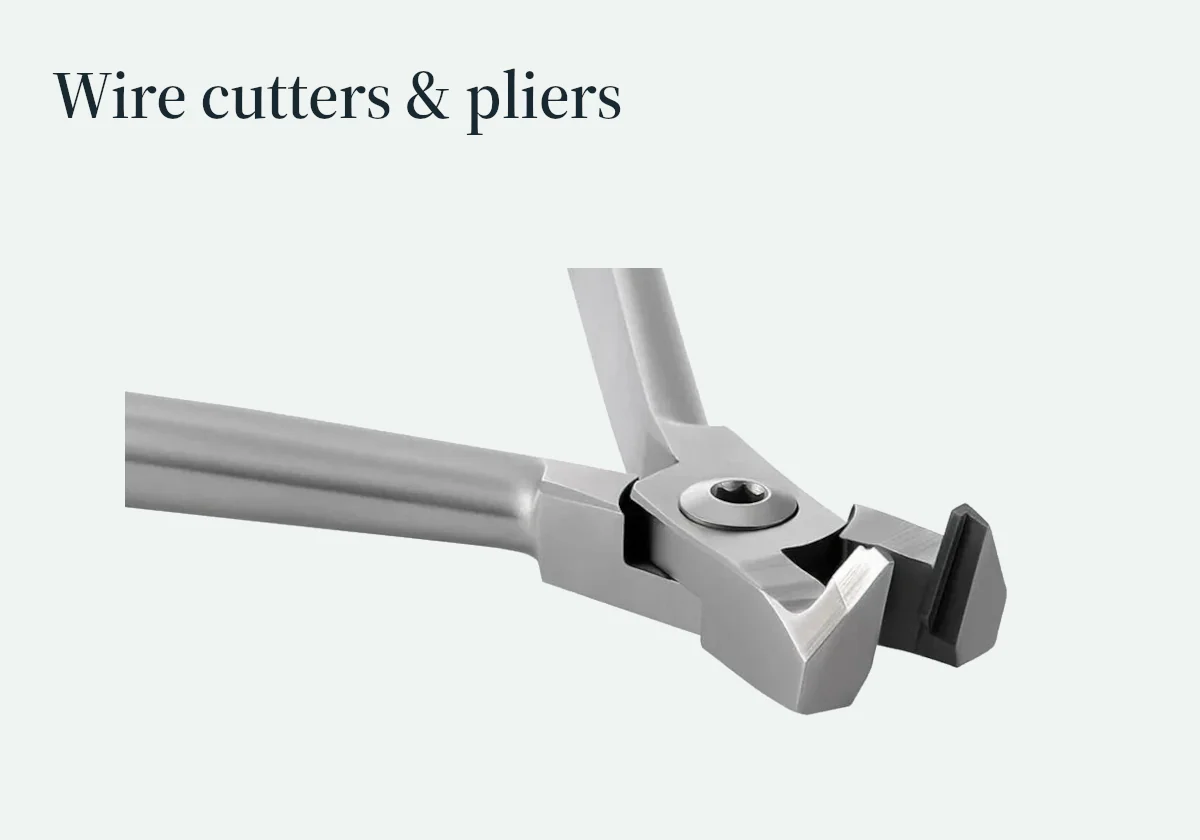 Orthodontic wire cutters presented with attention to their cutting-head construction.