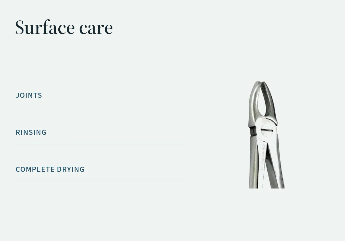 A forceps joint detail introduces surface-care checks for joints, rinsing and complete drying.