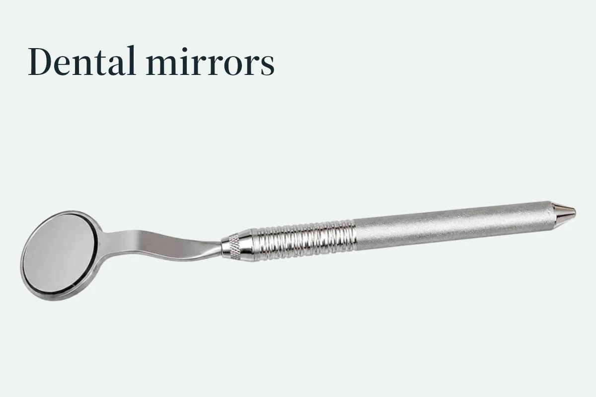 Dental mirror head and handle presented for comparison of the reflective surface and connection.