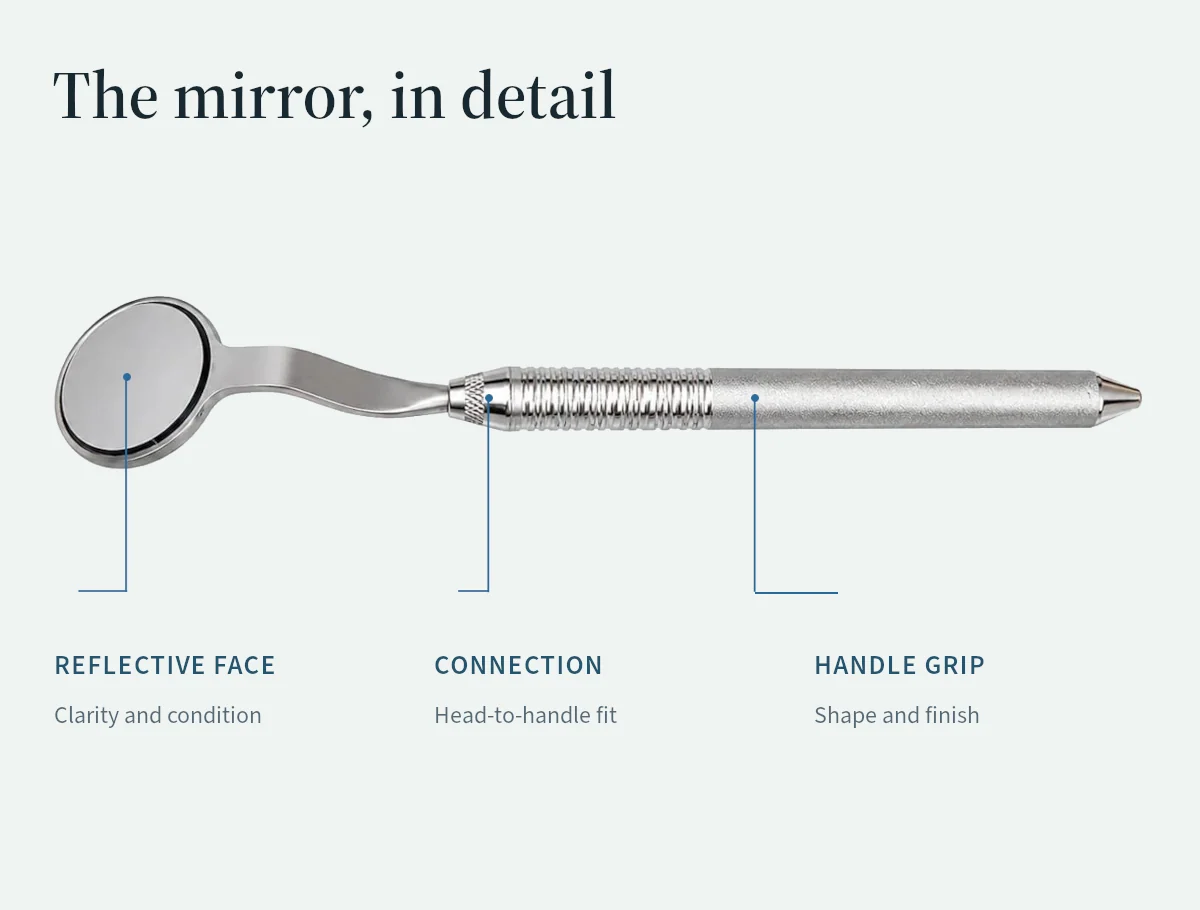 Mirror head and handle features shown for comparison of viewing surface, fitting and grip.