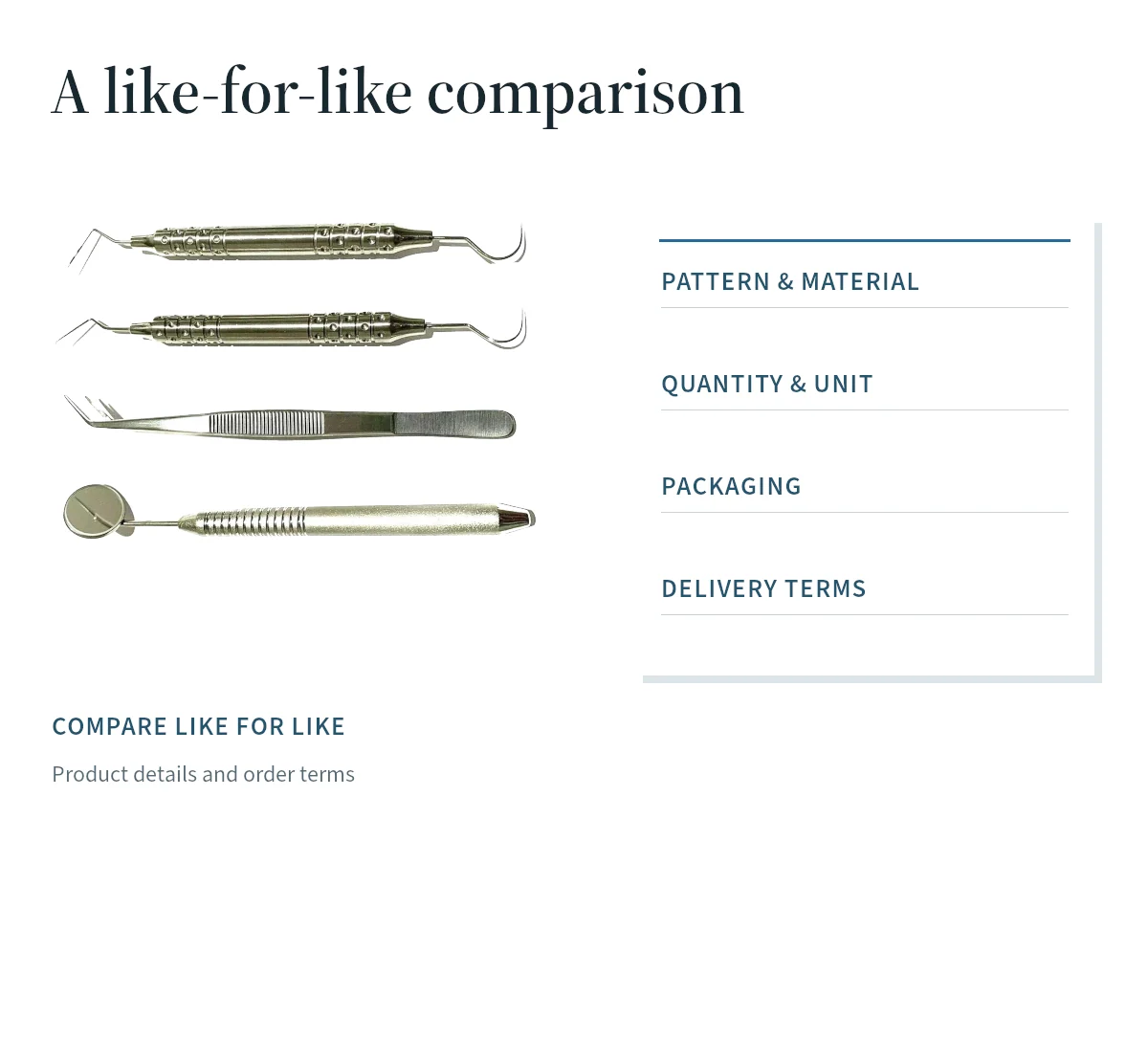 An instrument selection and quotation fields illustrate a like-for-like supplier comparison.