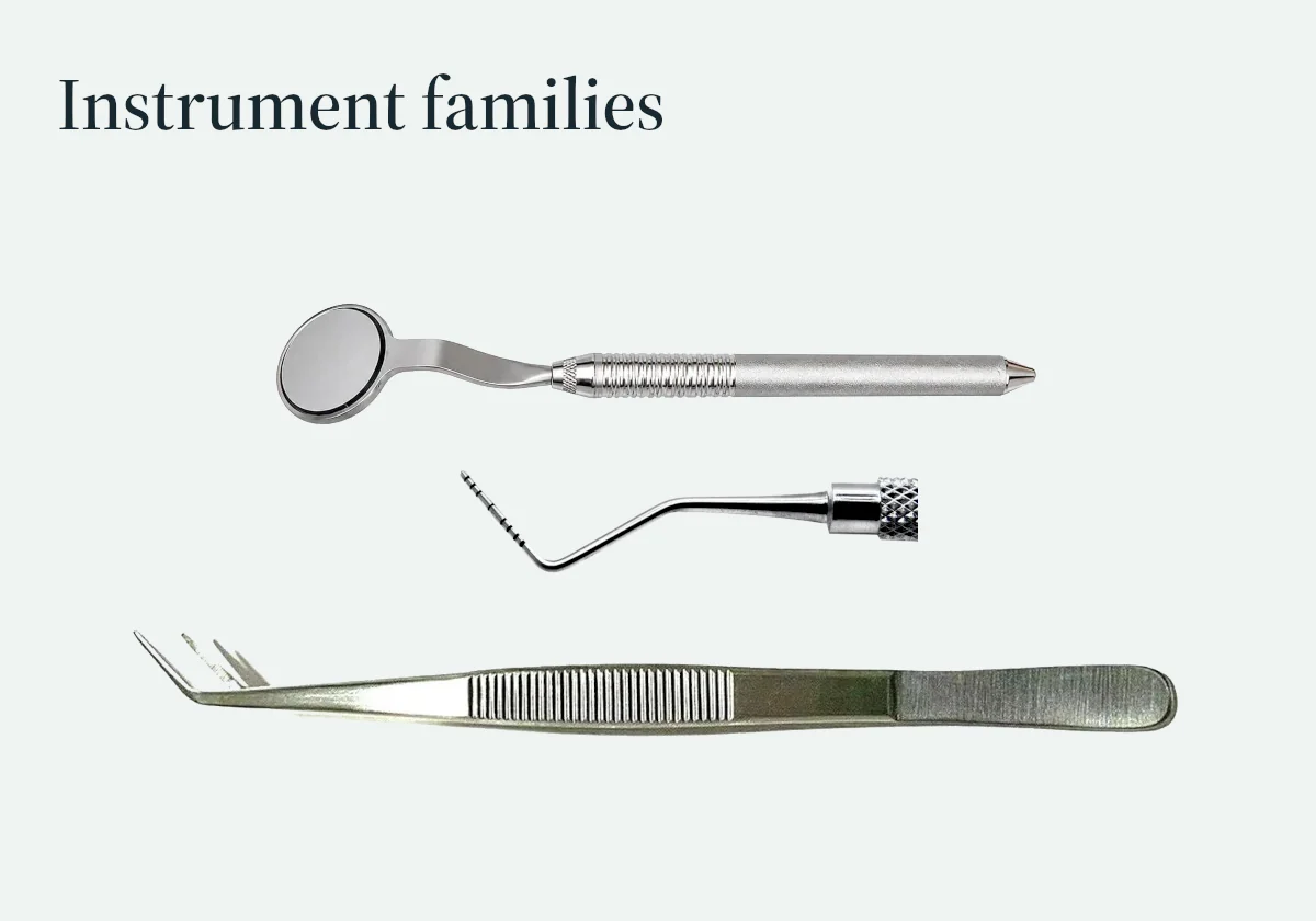 A mirror, periodontal probe and cotton pliers illustrate distinct dental instrument families.