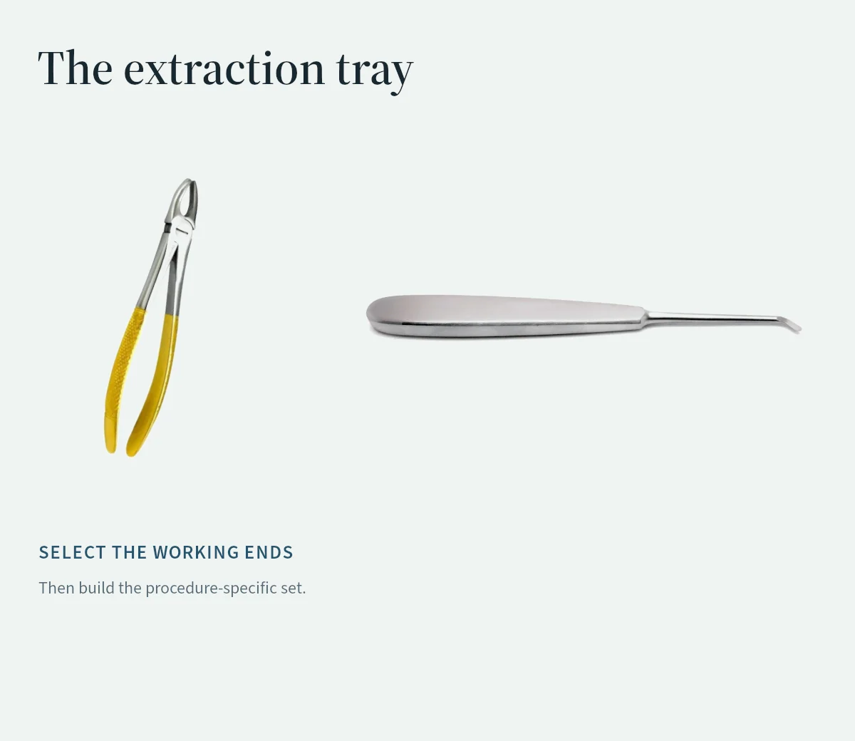 Forceps and a root elevator illustrate the starting point for a procedure-specific extraction set.