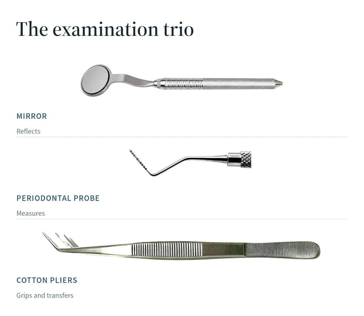 Mirror, periodontal probe and cotton pliers compared by their examination-tool roles.
