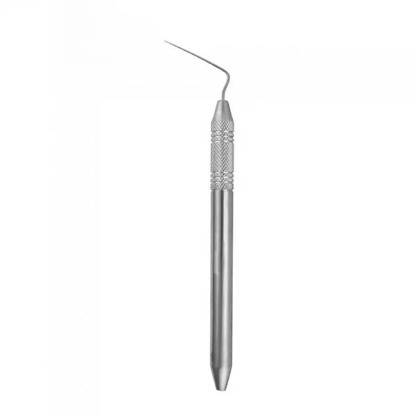 Root canal hand spreader with a knurled grip and angled, pointed working end