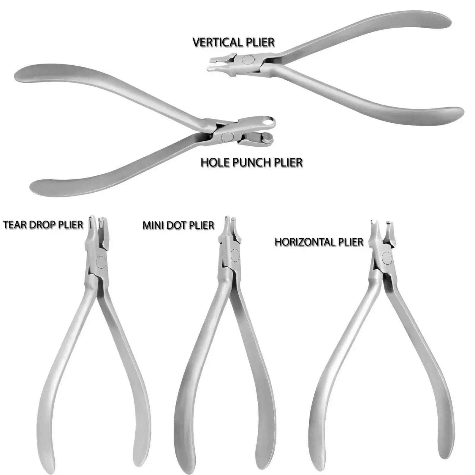 Five clear aligner pliers showing vertical, horizontal, hole-punch, teardrop and mini-dot patterns