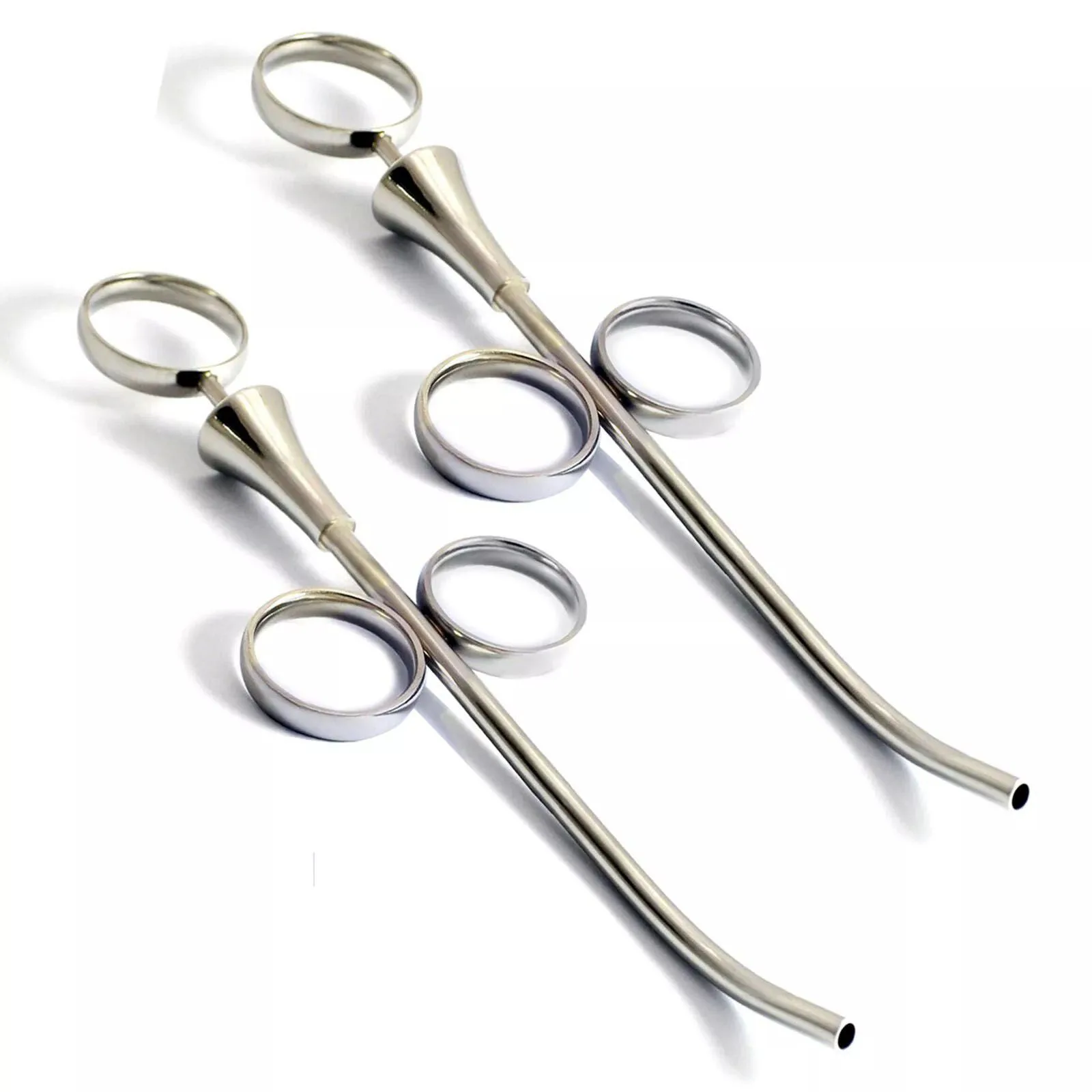 Two curved bone-graft syringes with three-ring handles and open loading areas