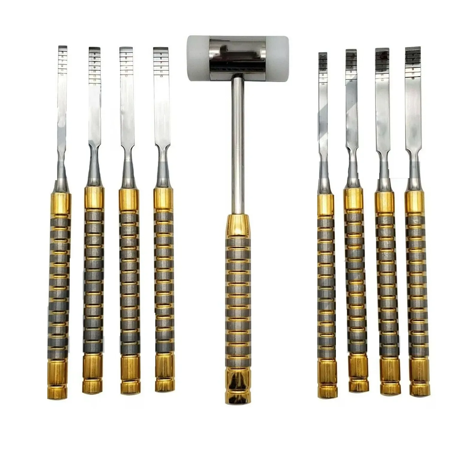Eight bone-splitting chisels with gold-colored handle details arranged beside one mallet