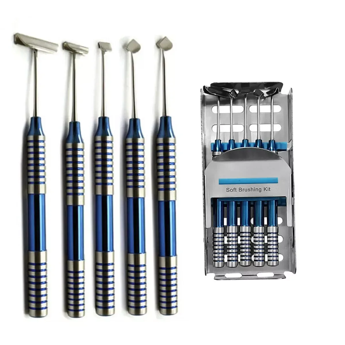 Five implant soft-brushing instruments with blue-and-silver handles and an inset cassette view