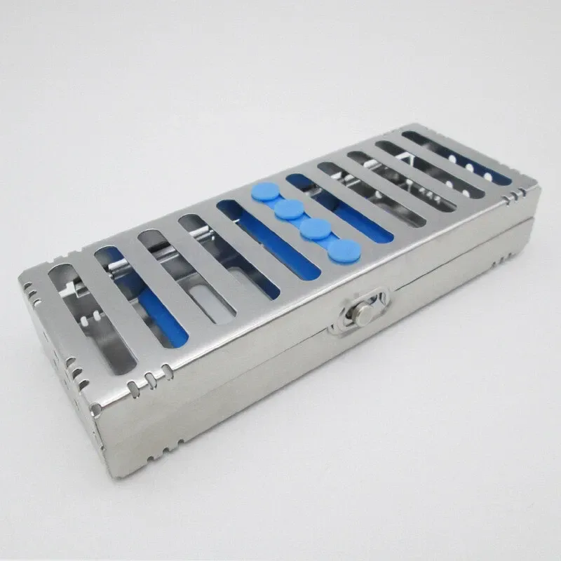 Closed five-position dental instrument cassette with blue retention rails, angled view