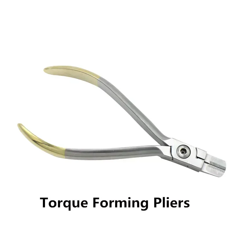 Ribbon-arch bending pliers with broad short flat jaws and gold-coloured handle ends