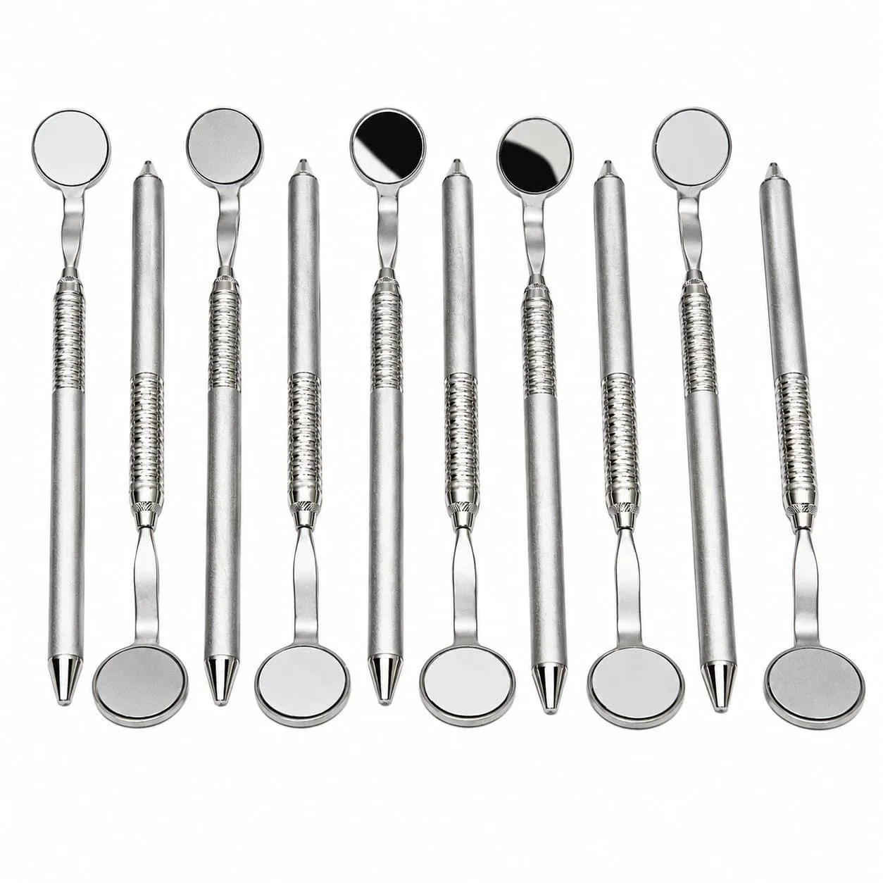 Dental mirror heads and matching metal handles arranged as repeated examples