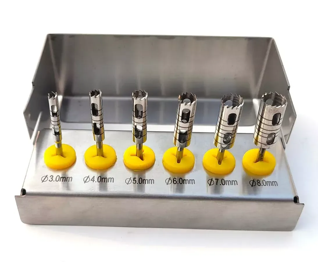 Six long trephines in a holder marked 3, 4, 5, 6, 7 and 8 mm