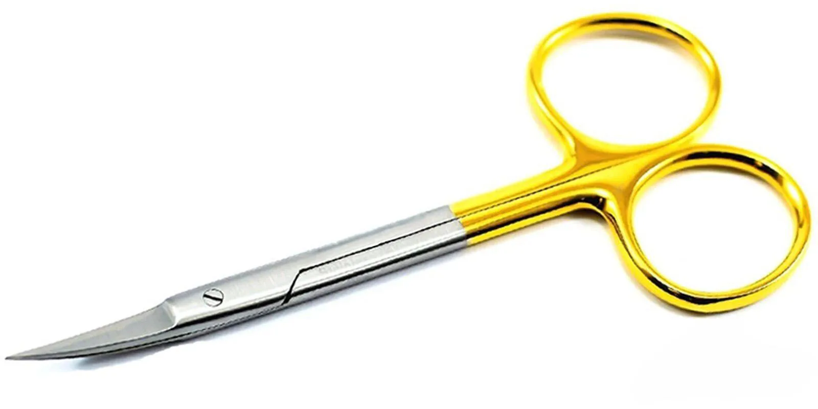 Curved Iris scissors with fine pointed blades and gold-coloured finger rings