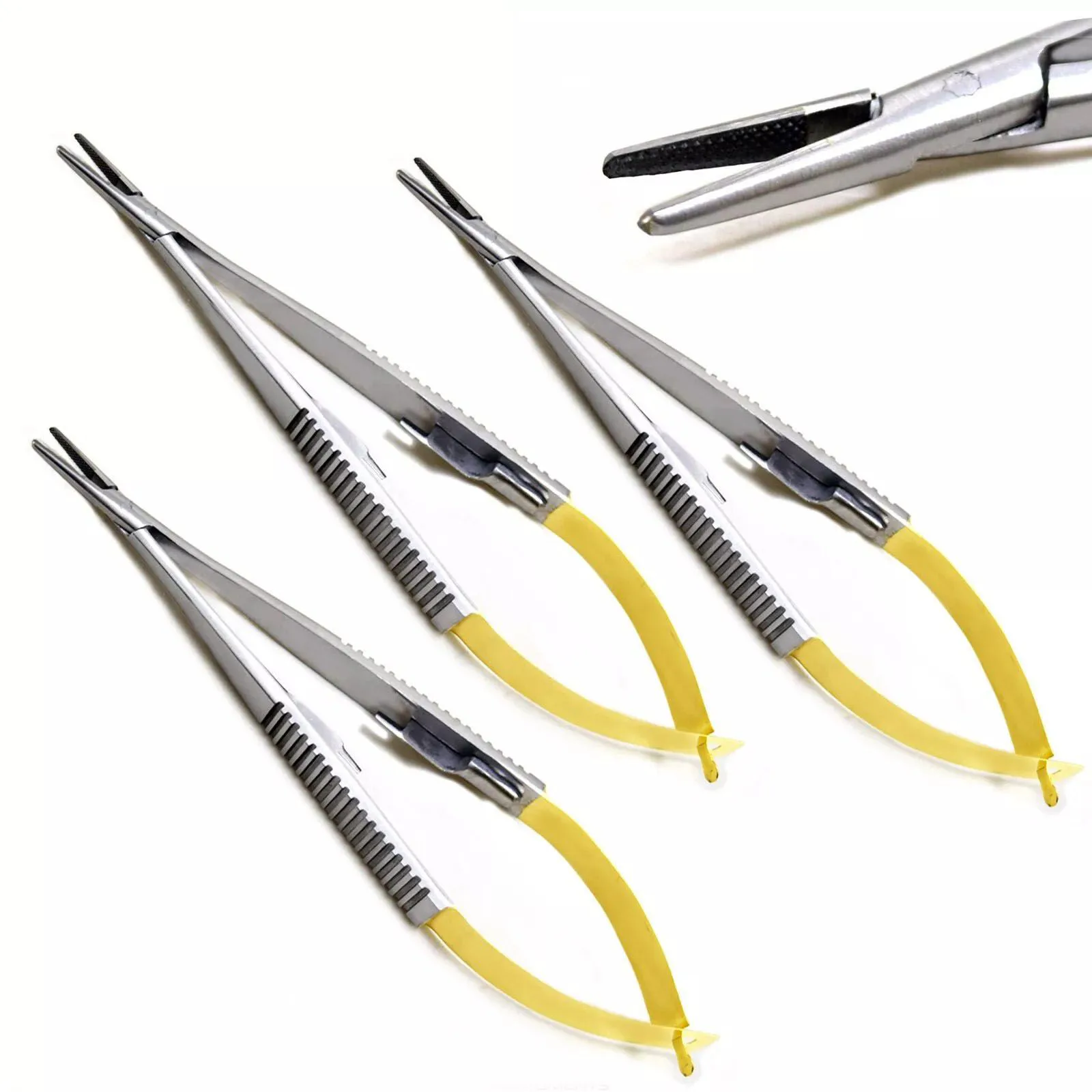 Straight Castroviejo needle holders with spring handles and a close-up of the fine jaws
