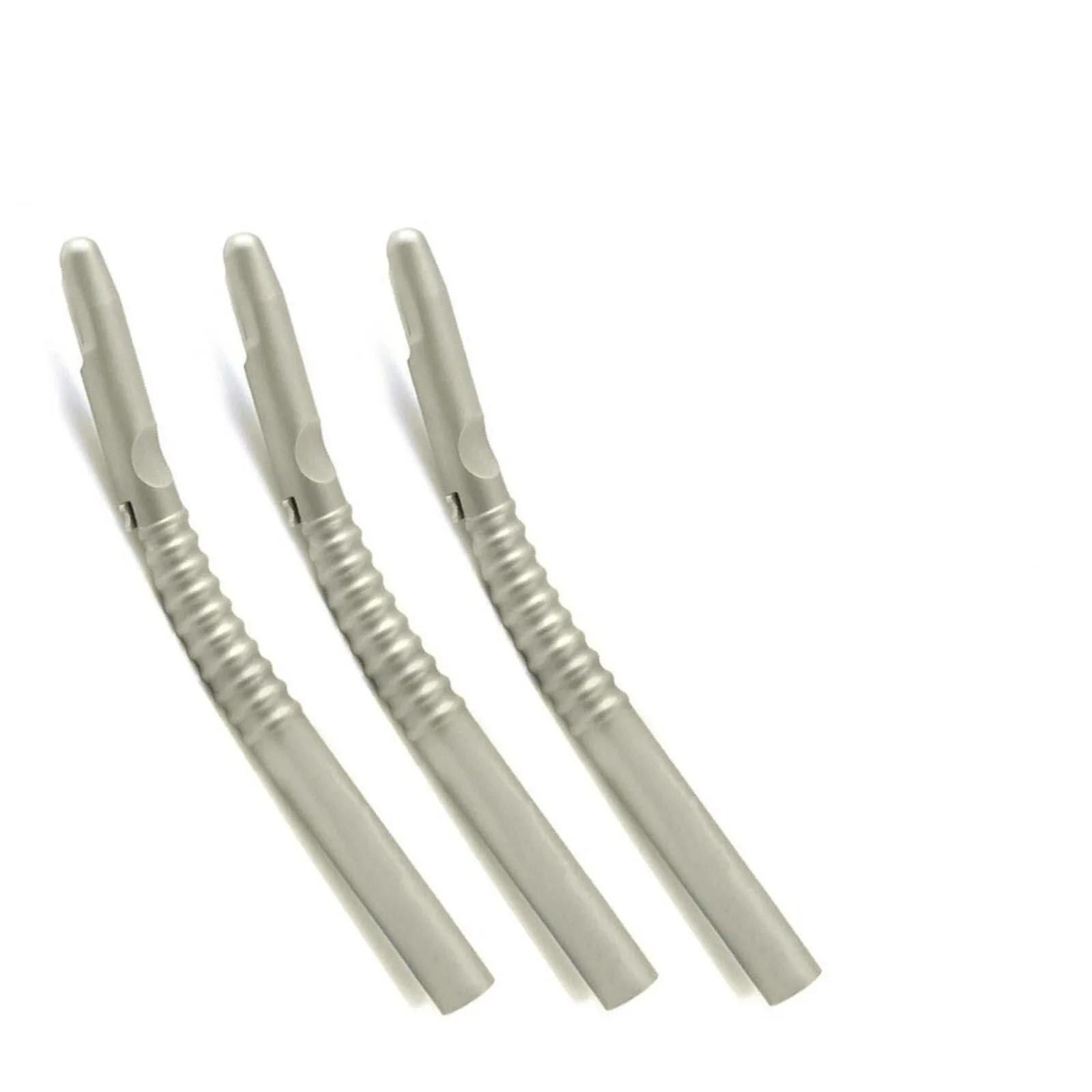 Three curved manual bone scrapers showing the collecting-head profile and textured grips