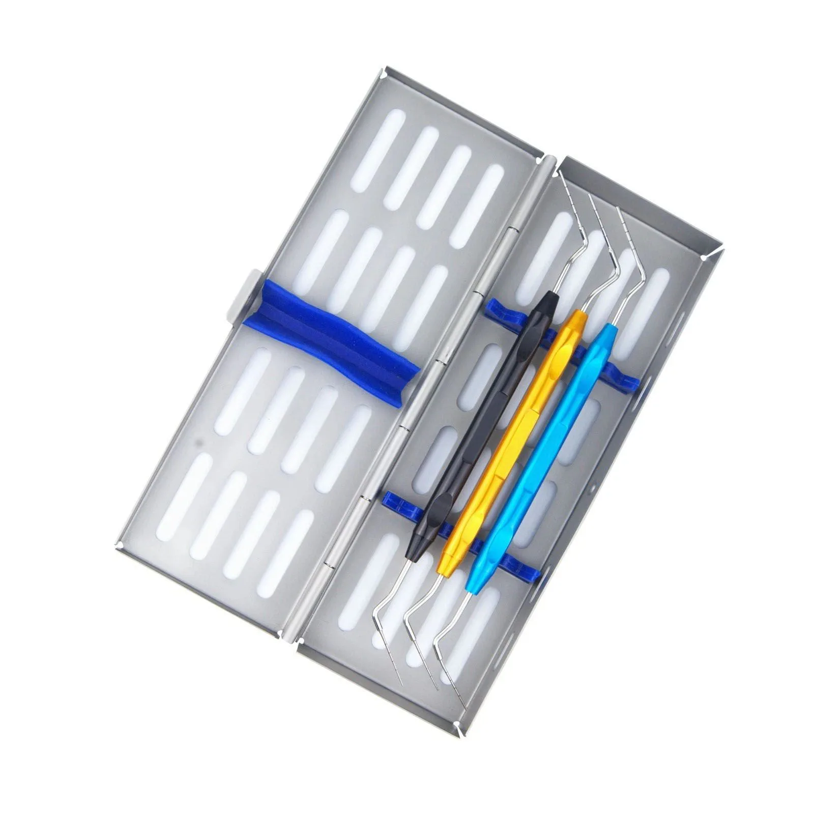 Three colour-coded double-ended endodontic hand pluggers displayed in an open cassette