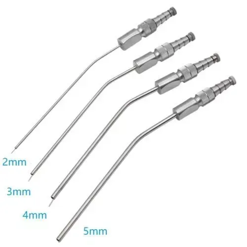 Four angled Frazier-pattern suction tubes labelled 2, 3, 4 and 5 mm in the supplied photo