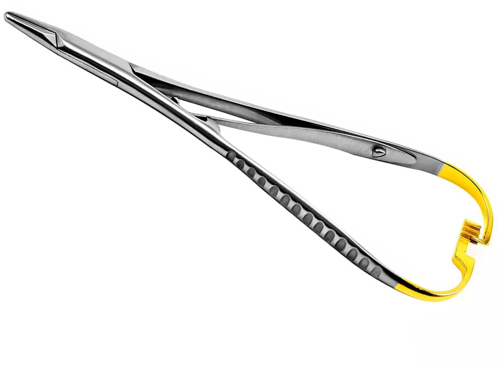 Mathieu needle holder with straight jaws, palm-squeeze handles and a ratchet catch