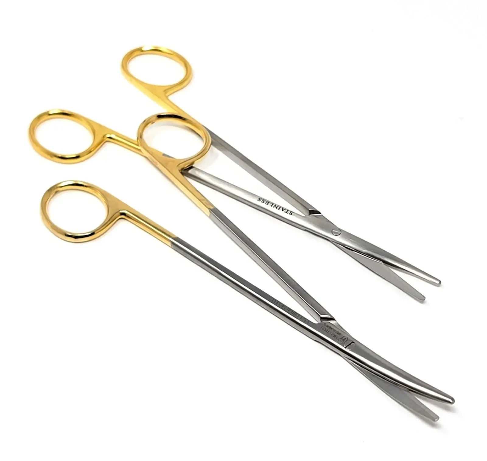 Straight and curved Metzenbaum scissors with long finger-ring handles and rounded tips