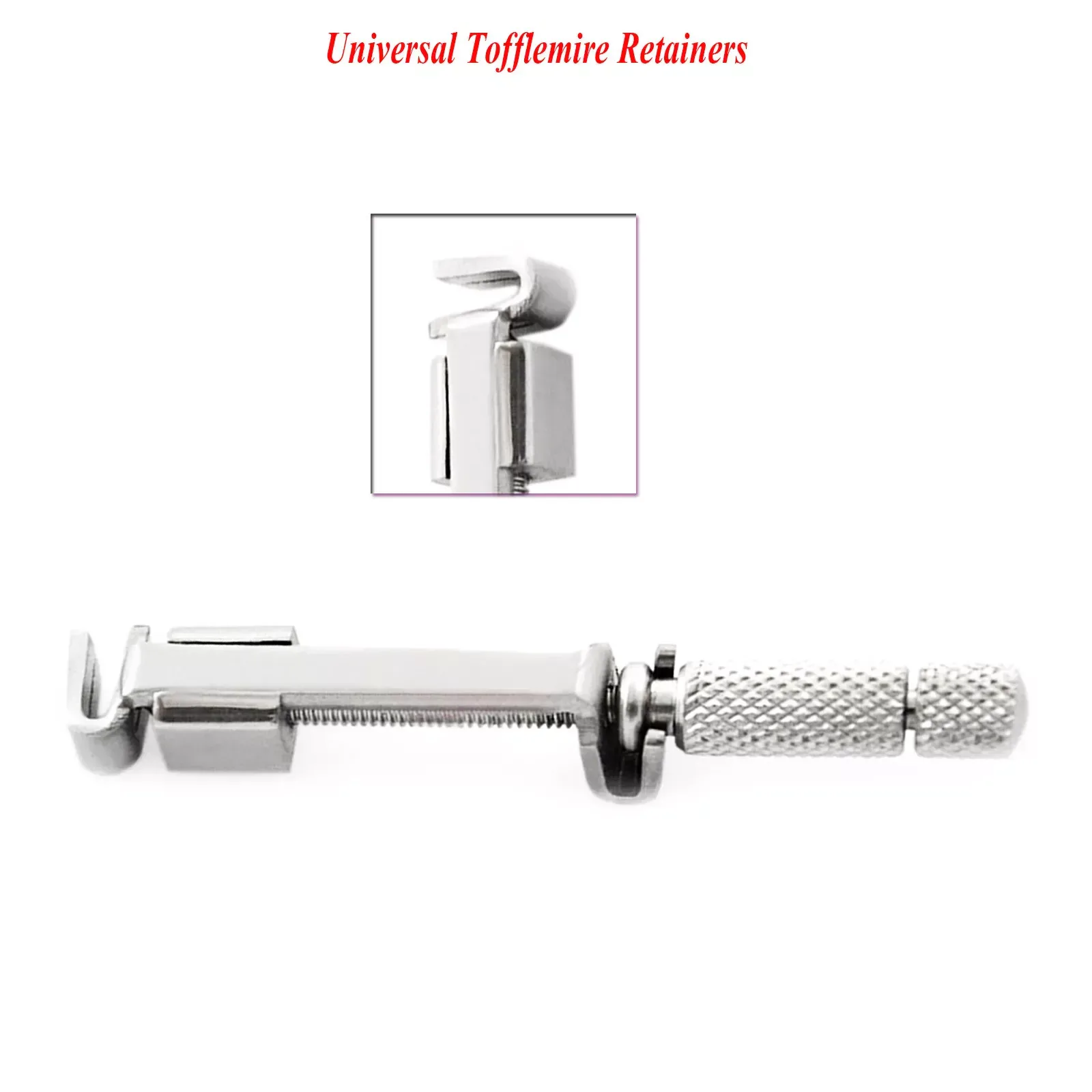 Tofflemire matrix retainer with screw-adjustment knobs and an enlarged view of the head