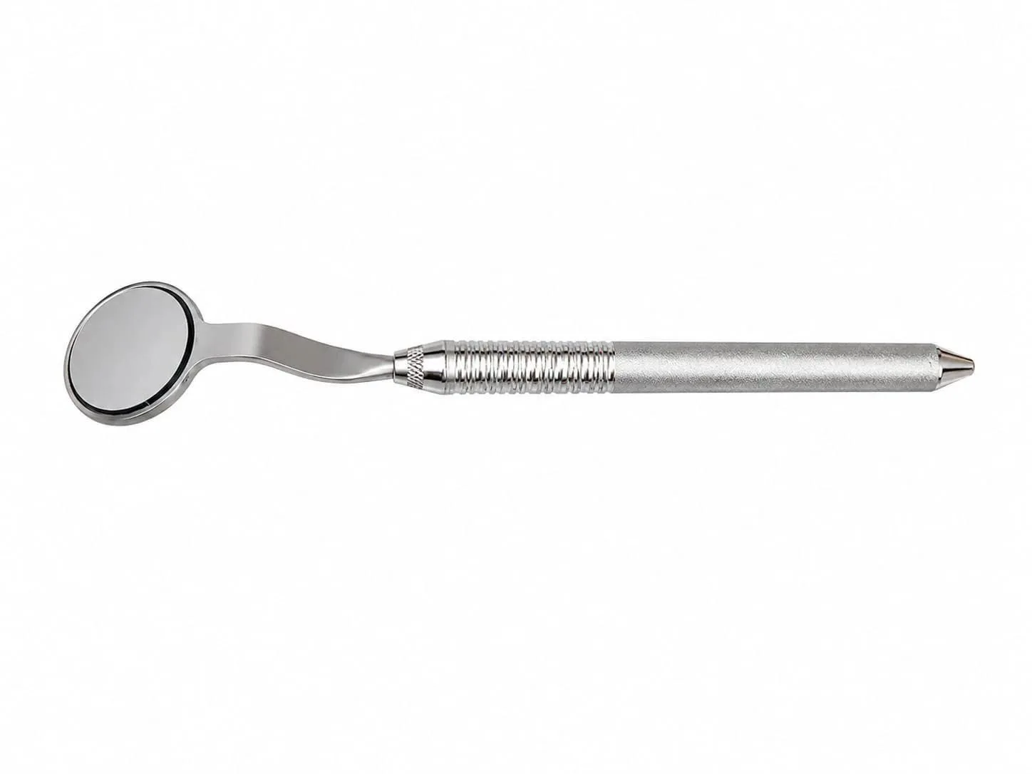 Single assembled #5 dental mirror lying horizontally, with a round reflective head, curved neck, head-handle junction and ringed grip