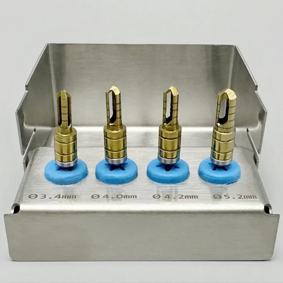 Four bone collector drills in a holder marked 3.4, 4.0, 4.2 and 5.2 mm