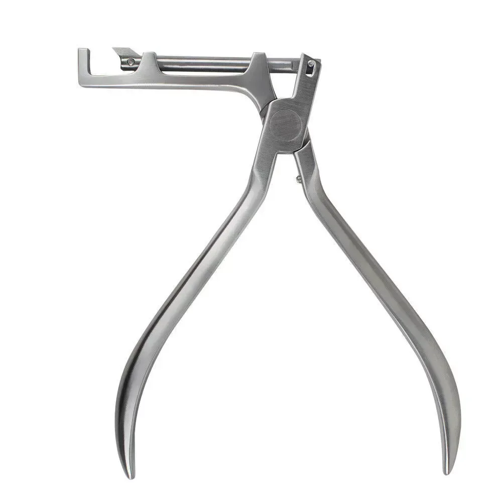 Buccal tube cap removing plier with angular jaw and curved handles