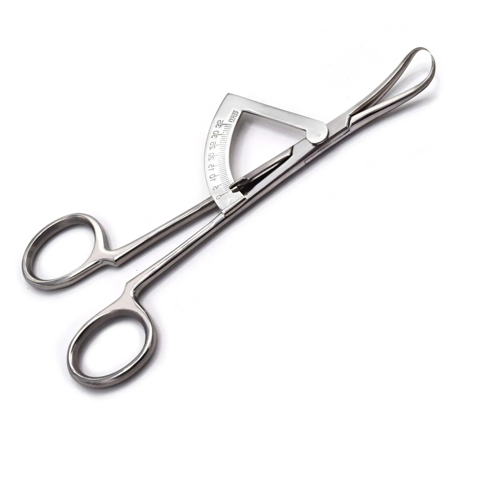 Ring-style dental ridge caliper shown whole, finger rings at lower left, graduated millimetre arc at centre left and curved opposing tips at upper right