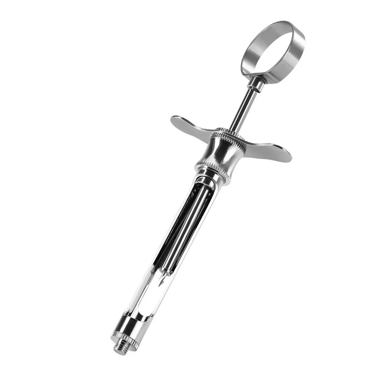 Ring-handle aspirating dental syringe showing the thumb ring, finger rests, barrel window with harpoon tip and threaded needle connection