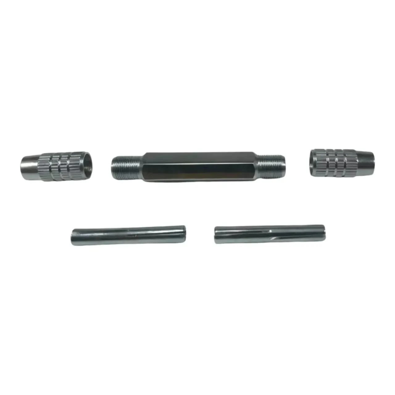 Disassembled collet-style abutment preparation holder with the threaded tubular body at centre, a textured collar at left and another at right, and two split inserts below