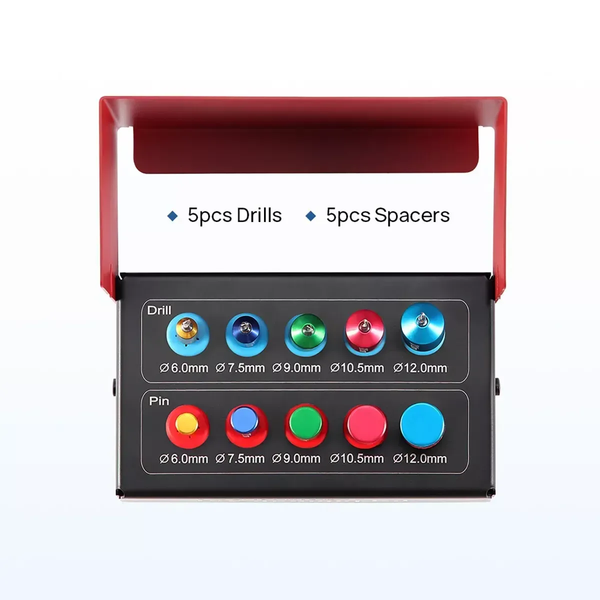 Open red holder with five drill-labelled assemblies above and five pins or spacers below, both rows labelled 6.0 to 12.0 mm
