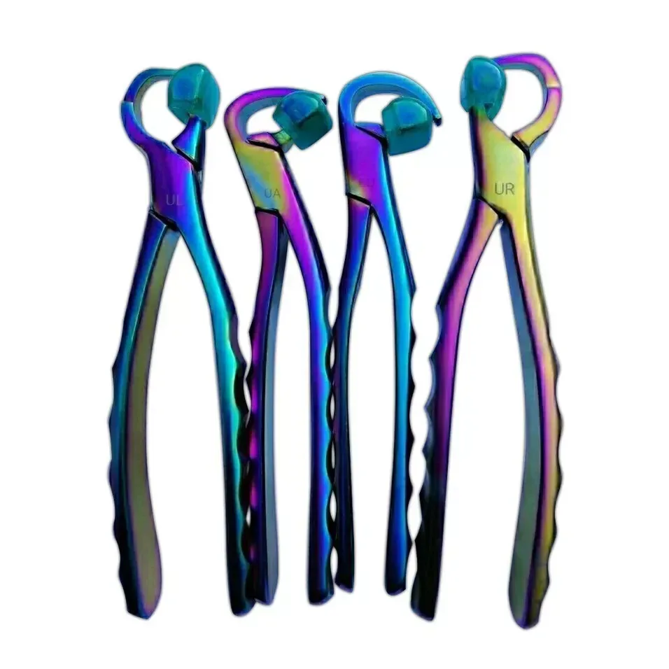 Four beak-and-bumper extraction forceps with coloured handles — view 1