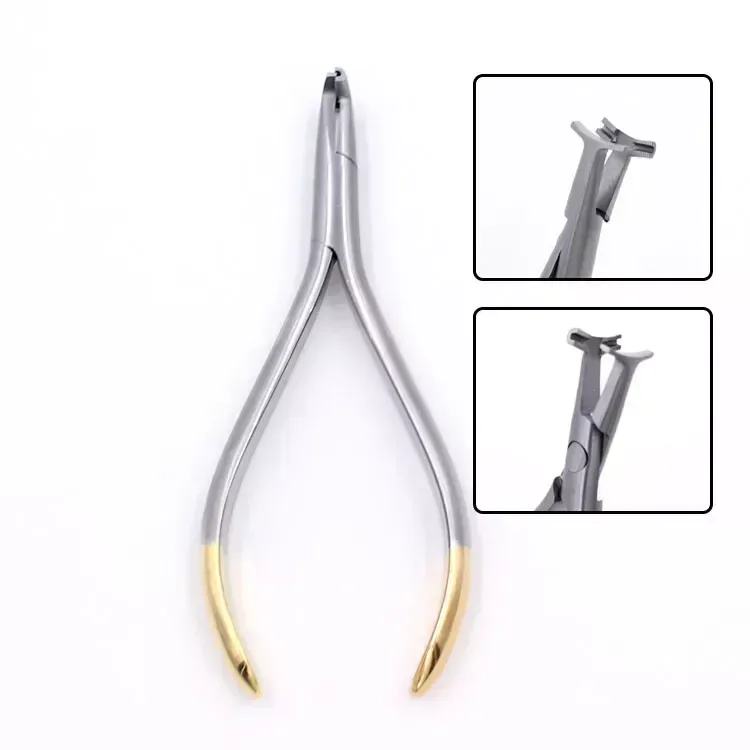 Orthodontic bracket remover pliers, 13 cm posterior pattern, shown upright with the working head at the top and gold-coloured handle ends below, beside two enlarged views of the working head