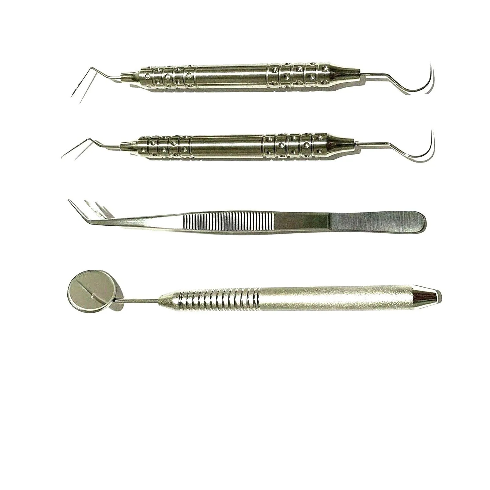 Example student diagnostic assortment with mirror, tweezers and two combination instruments — view 1