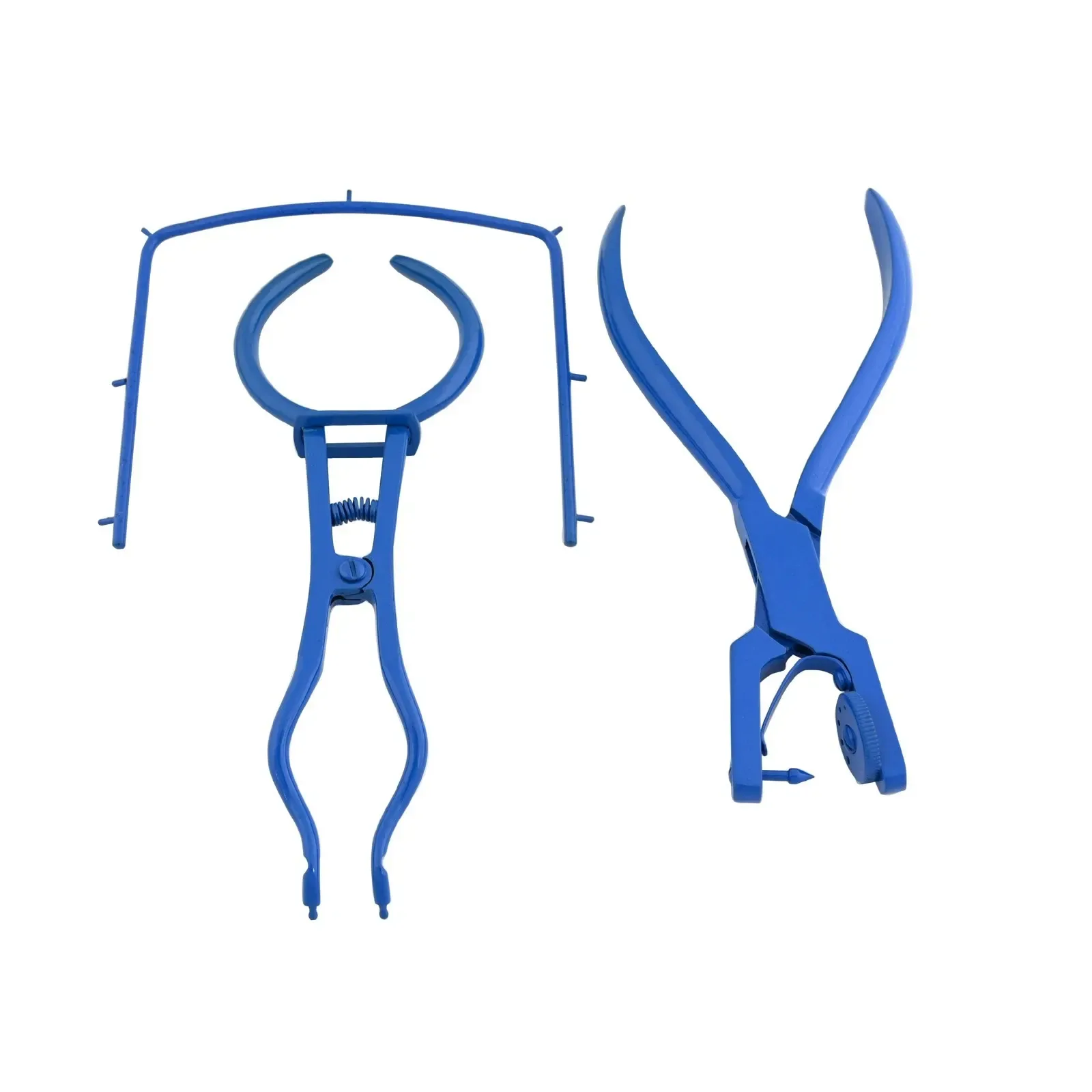 Blue rubber dam frame, clamp forceps and punch — view 1