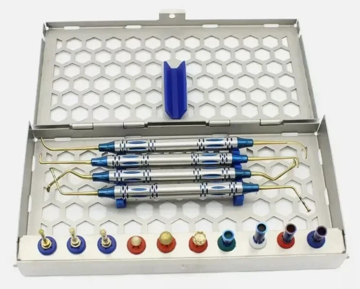 Sinus lift kit with four blue-grip hand instruments, rotary components and stops — view 1