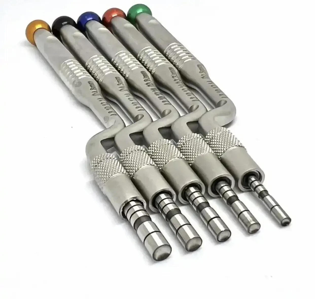 Five offset concave osteotomes with colour-coded handle ends