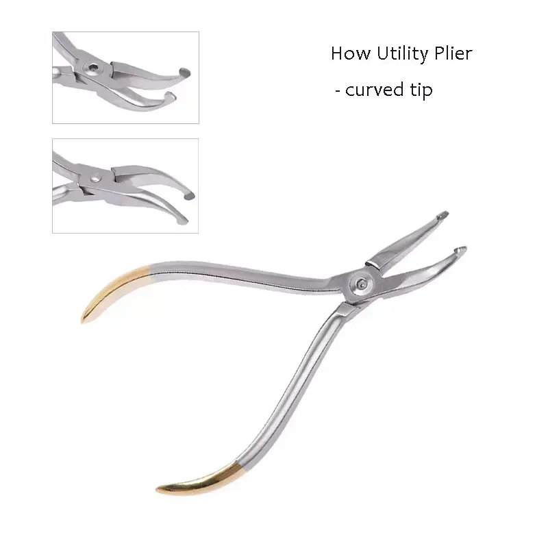 Curved How utility pliers with broad curved jaws and gold-coloured handle ends