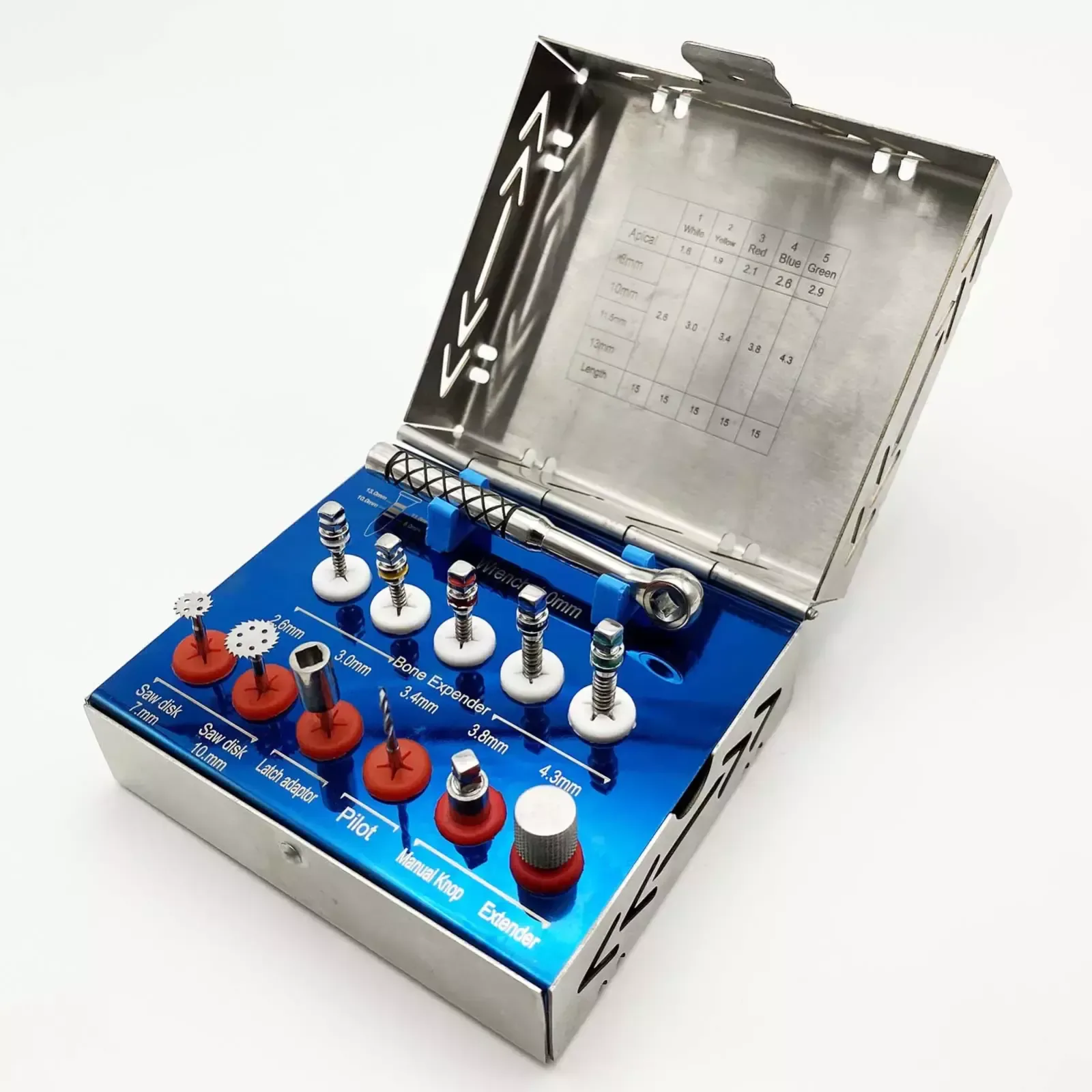 Five-screw ratchet bone-expander kit with two saw discs and matching metal case — view 1