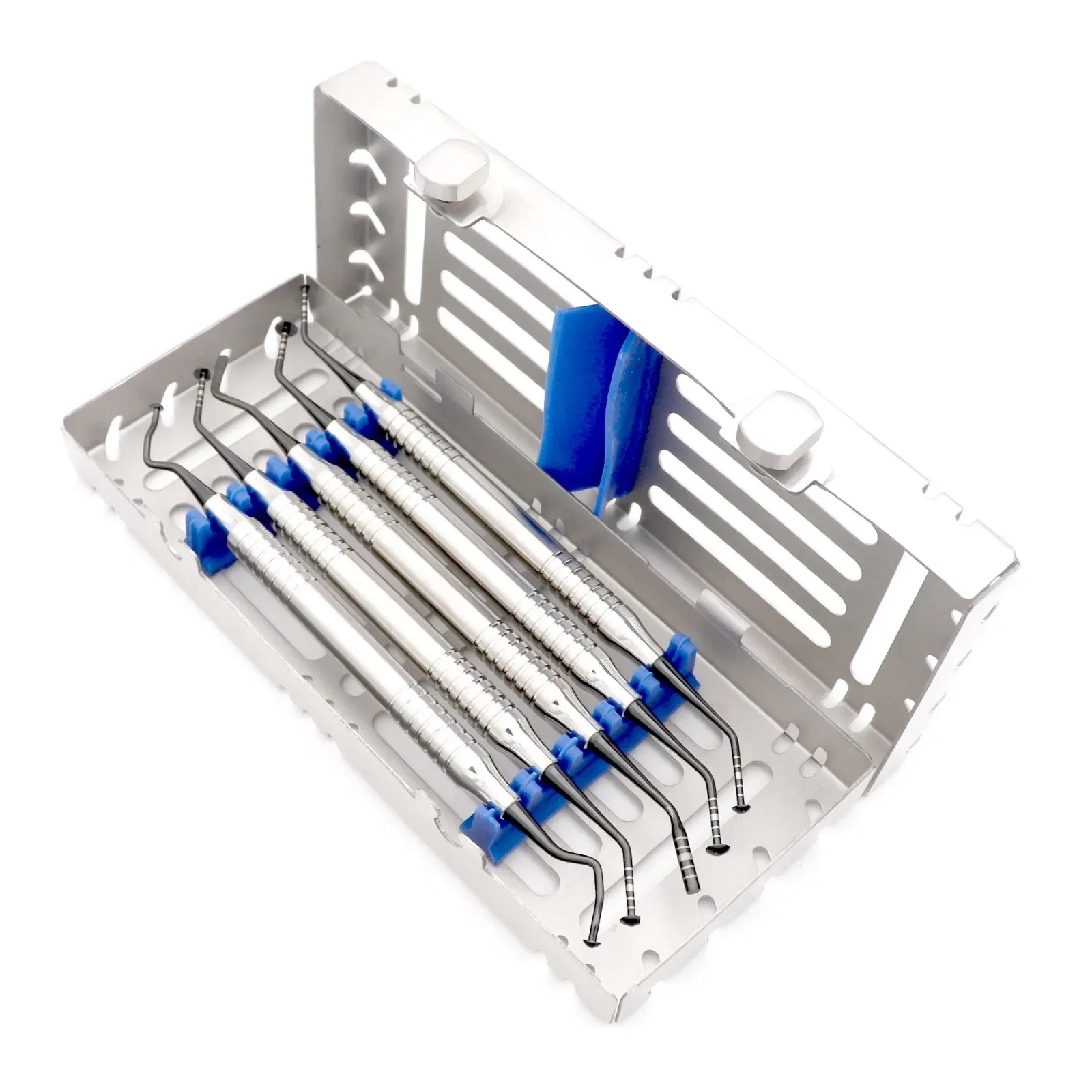 Five double-ended sinus-lift instruments in a matching metal cassette