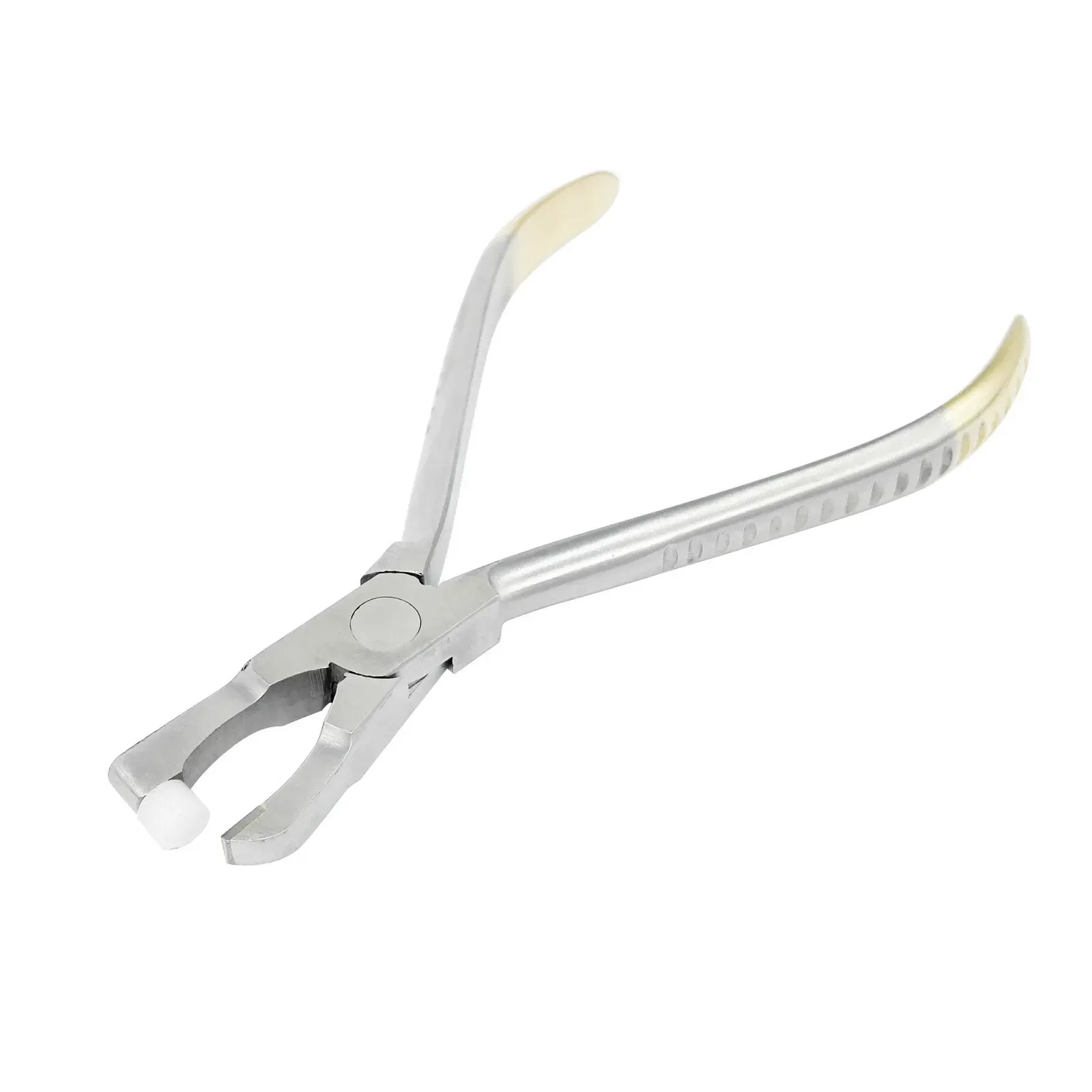 Band-removing pliers showing the fitted white pad and opposing metal beak