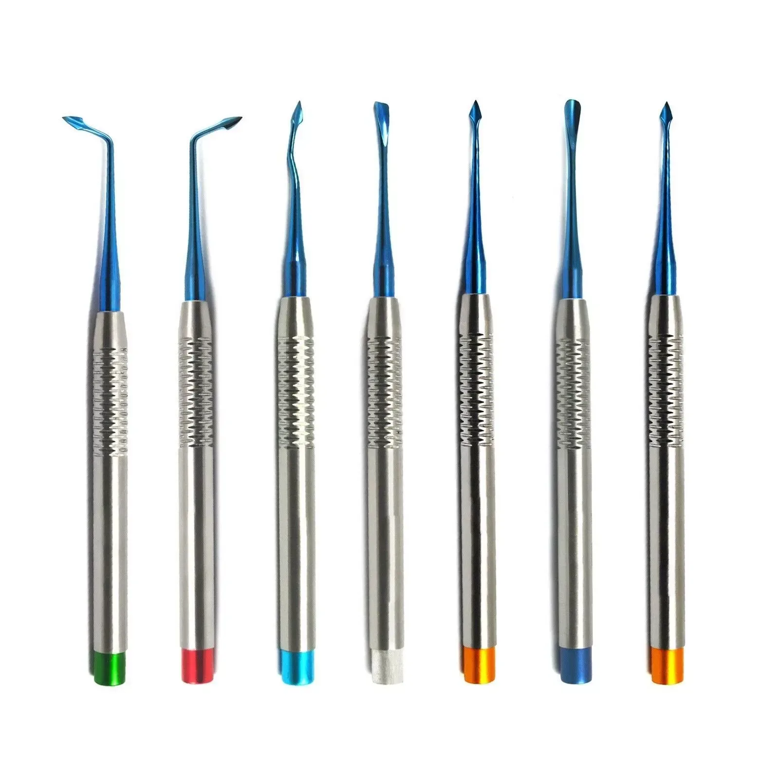 Seven single-ended PDL luxating elevators with blue tips and coloured handle ends