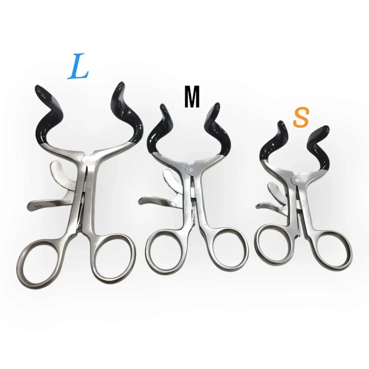 Three Molt-pattern mouth gags with covered contact ends, marked large, medium and small